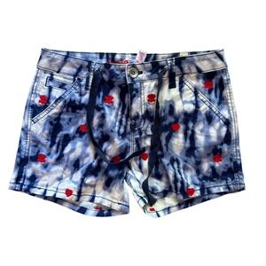 NWT Justice Girls Blue Tie Dye Heart Skull Embroidered Shorts Size 14 Y2K Grunge